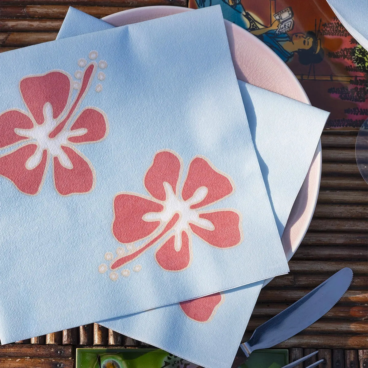 Grande Serviette en Intissé Hibiscus Bleu - 40 x 40 cm